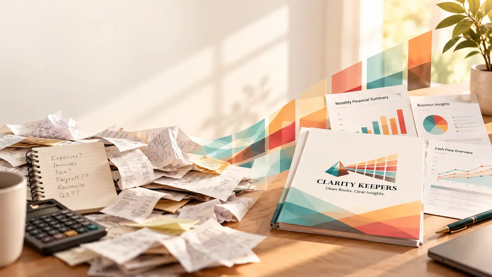 Scattered receipts and question-filled notes on one side of a desk turn into an organized Clarity Keepers financial package and clear reports on the other.