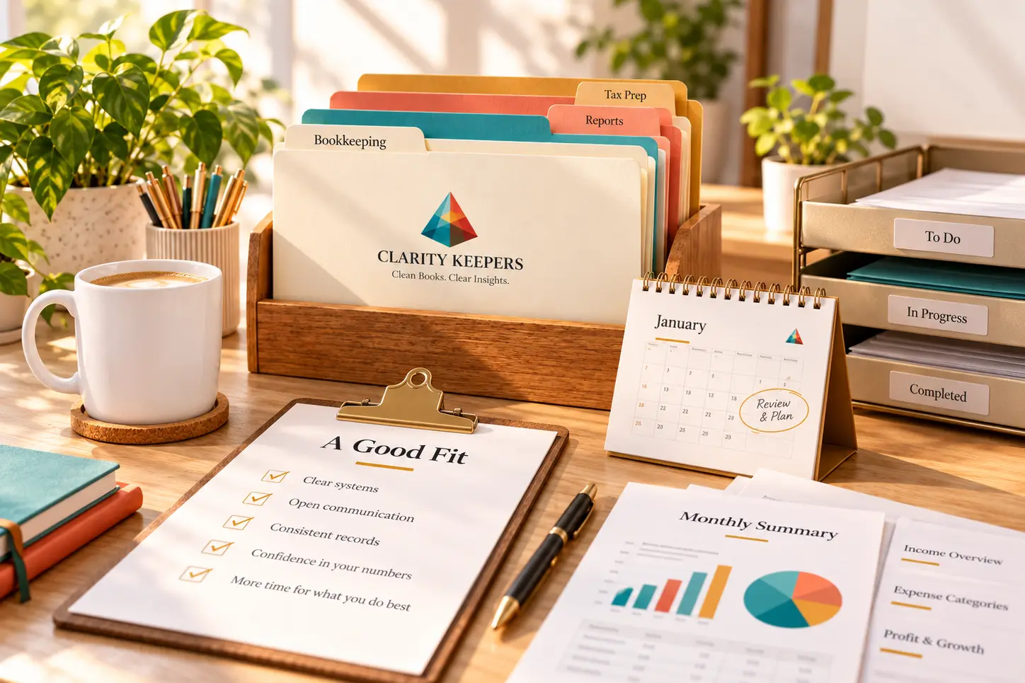 An organized desk with labeled Clarity Keepers file folders, a Good Fit checklist on a clipboard, a planning calendar, a monthly summary report, and to-do trays.