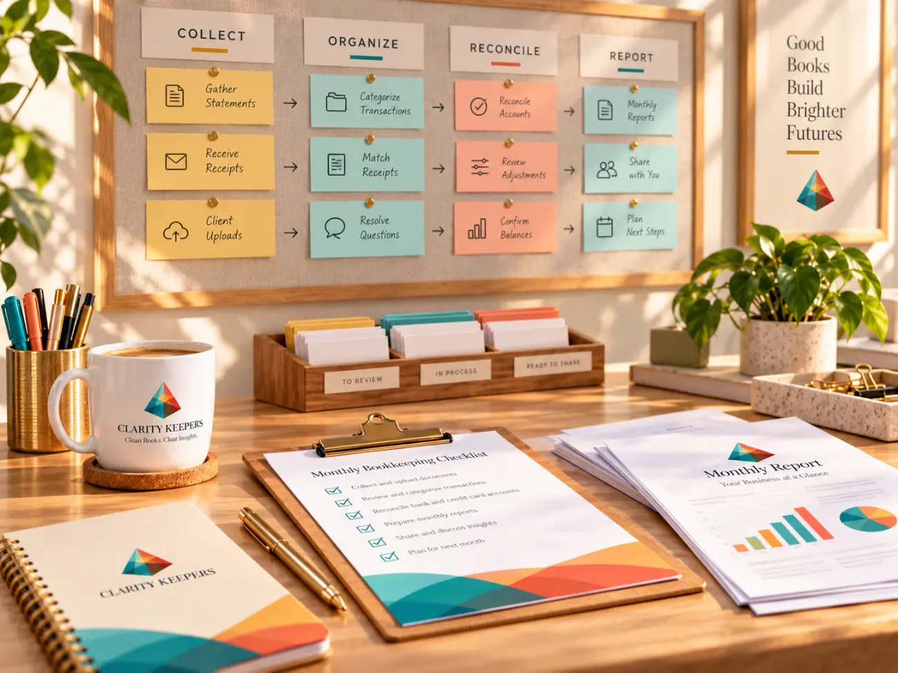 A bookkeeping process board with four stages: Collect, Organize, Reconcile, and Report, above a desk with a monthly bookkeeping checklist and a monthly report.