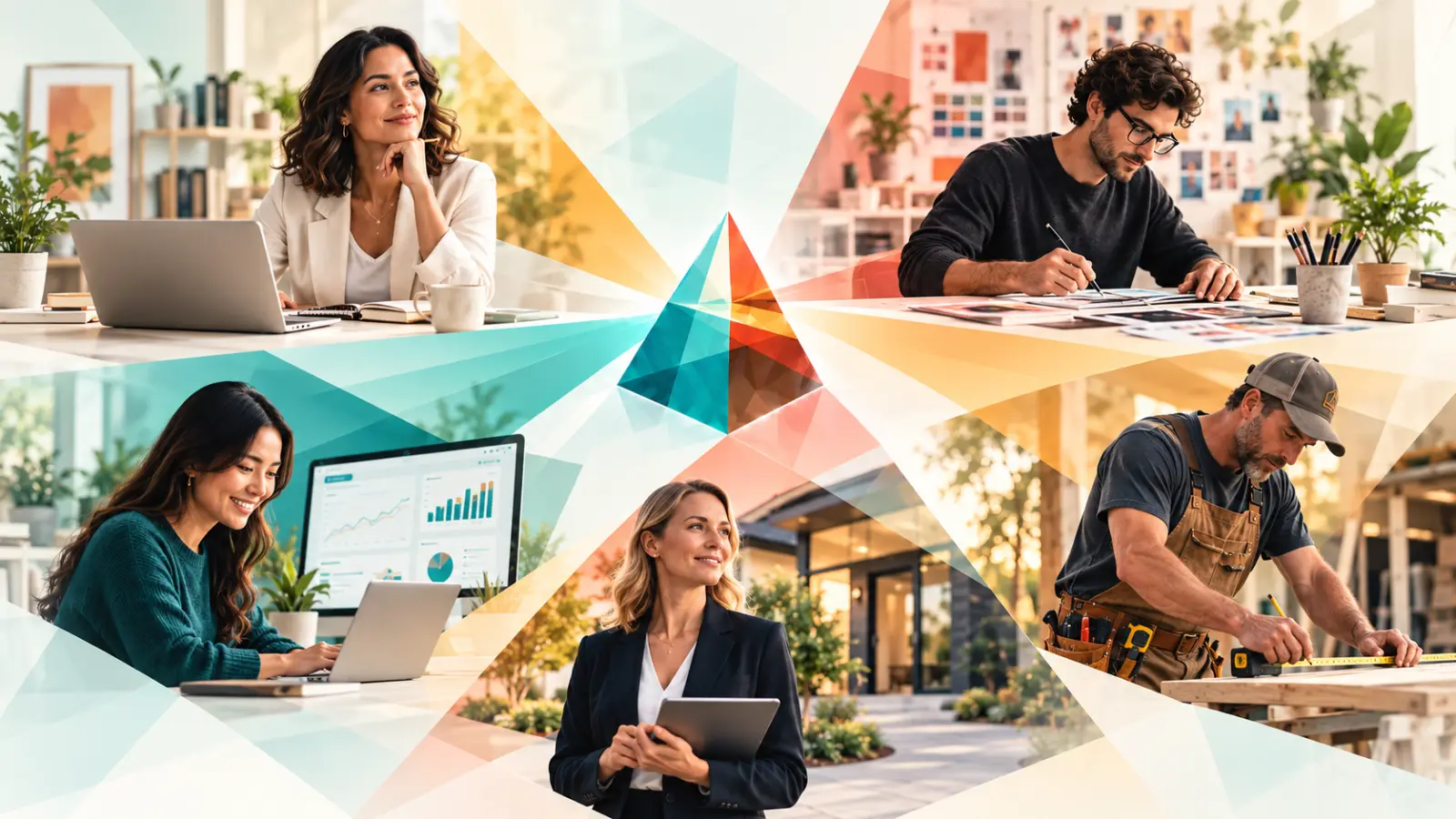 Small-business owners at work around a prism of light: a consultant at a laptop, a designer at a studio table, an online business owner, a real estate professional, and a contractor measuring wood.