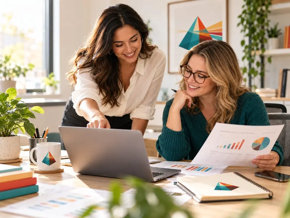 Two colleagues reviewing financial charts together at a bright, plant-filled desk.