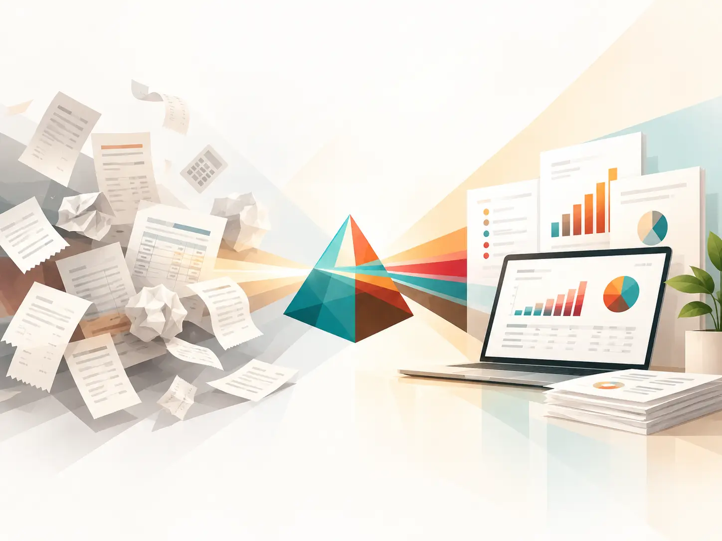 Scattered receipts and paperwork pass through a prism and come out as clear, organized financial reports.