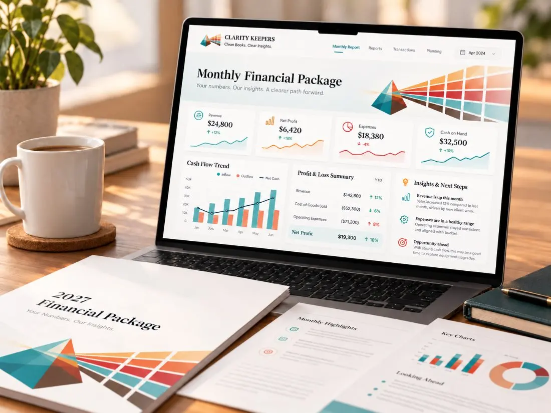 A sample monthly financial package shown on a laptop and in print, with revenue, cash flow, profit and loss, and written insights.