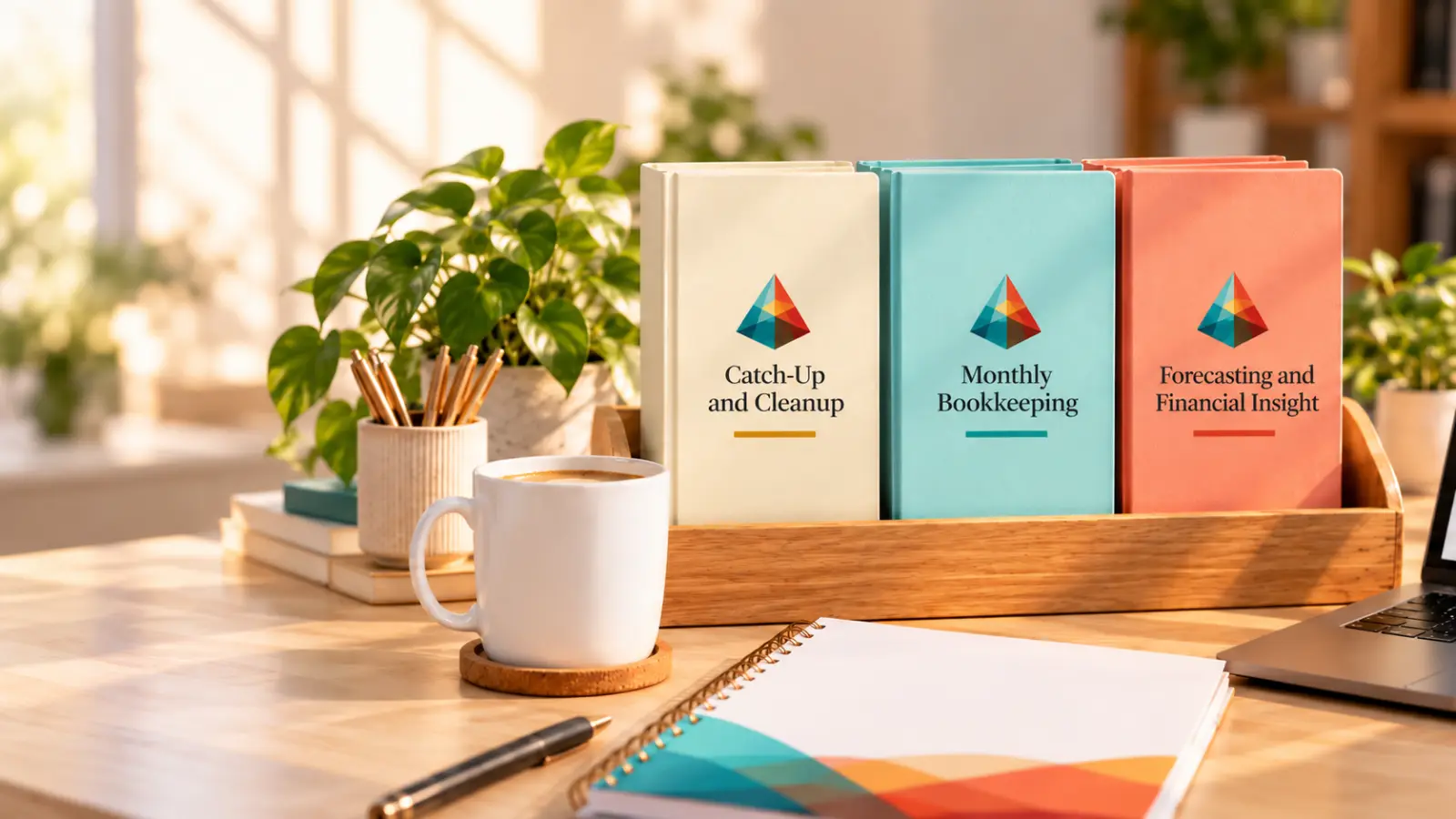 Three Clarity Keepers service guides on a sunlit desk: Catch-Up and Cleanup, Monthly Bookkeeping, and Forecasting and Financial Insight.