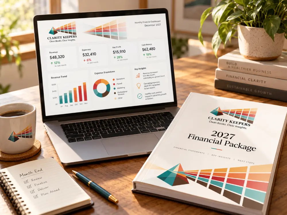 A sample month-end package: a laptop dashboard with revenue, expenses, profit, cash balance and key insights, beside a printed financial package.